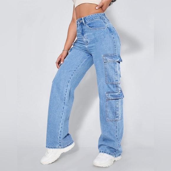 FLVSUN High Waist Jeans Cargo Flap Pocket Baggy - Picture 3 of 8